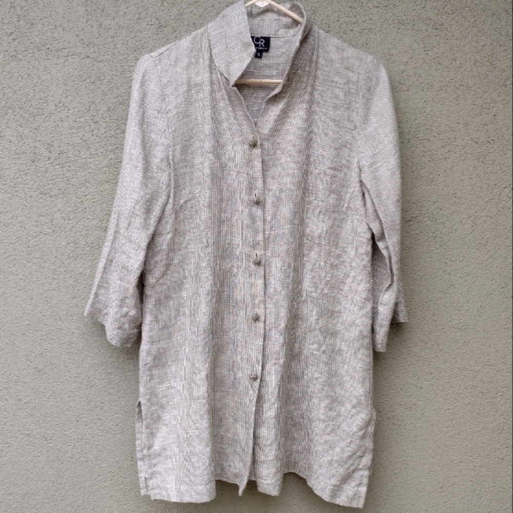 Connie Roberson Olive Green Linen Button-up Tunic Top Shacket Women's Small